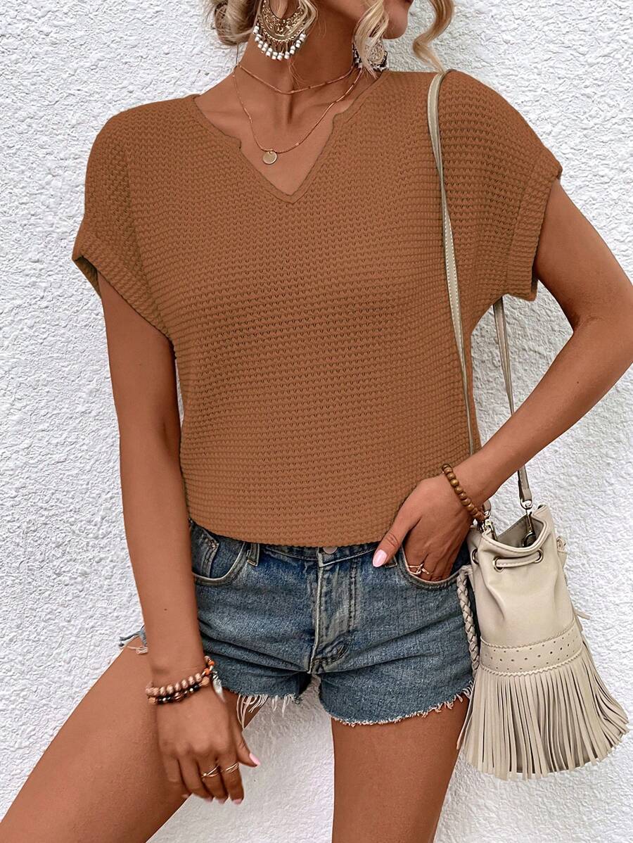 SHEIN LUNE 缺口領蝙蝠袖華夫格編織T恤 - 棕色 - 查看 1