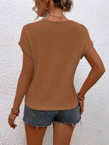 SHEIN LUNE 缺口領蝙蝠袖華夫格編織T恤 - 棕色 - 查看 2