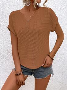 SHEIN LUNE 缺口領蝙蝠袖華夫格編織T恤 - 棕色 - 查看 6