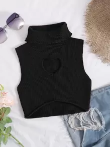 SHEIN Qutie Cut Out High Neck Crop Knit Top - Black - View 1