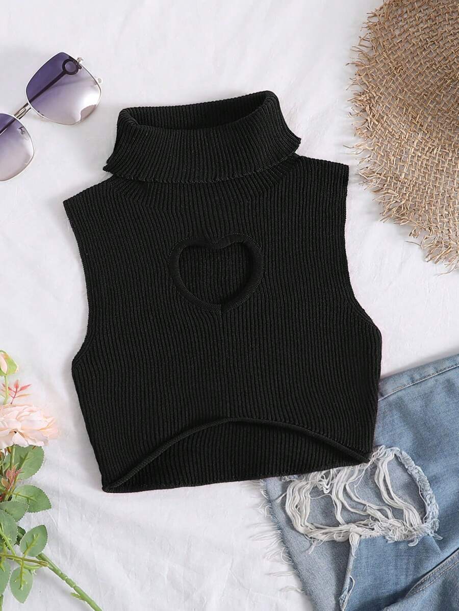 SHEIN Qutie Cut Out High Neck Crop Knit Top - Black - View 1