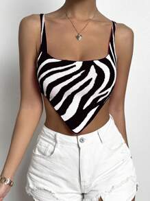 Zolique Zebra Striped Pattern Bandana Hem Crop Knit Top - Black and White - View 3
