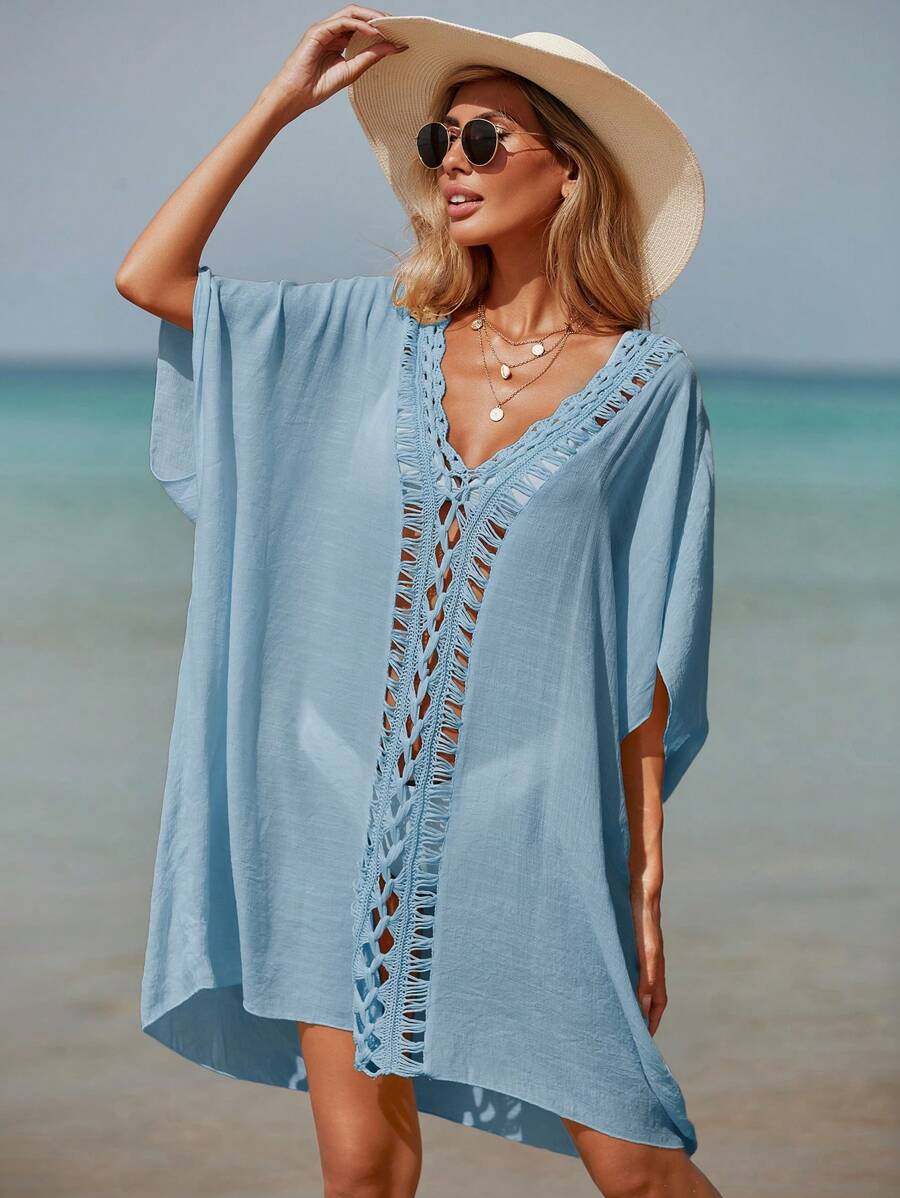 Contrast Crochet Batwing Sleeve Cover Up Dress - Blue - View 1