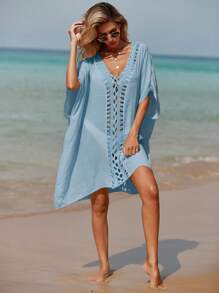 Contrast Crochet Batwing Sleeve Cover Up Dress - Blue - View 3