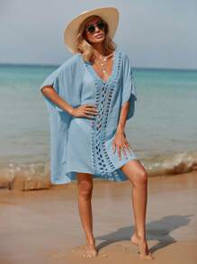 Contrast Crochet Batwing Sleeve Cover Up Dress - Blue - View 5