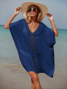 Contrast Crochet Batwing Sleeve Cover Up Dress - Navy Blue - View 7