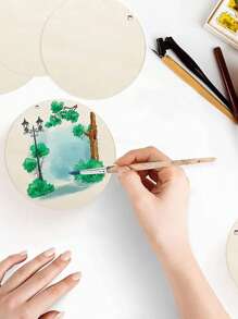 10pcs Solid Color Round Shaped Wooden Board, Creative Multi-purpose Wooden Decoration For Children DIY Painting - Khaki - View 3