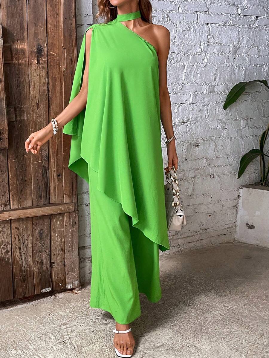 SHEIN LUNE unicolor de cuello asimétrico Top & Pantalones de pierna ancha - Verde - Ver 1