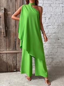SHEIN LUNE 素色不對稱領上衣和闊腿褲 - 綠色 - 查看 4