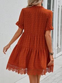 SHEIN VCAY 圓點拼接水溶蕾絲荷葉袖繫帶領荷葉邊娃娃裙 - 棕色 - 查看 2