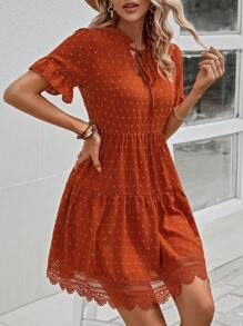 SHEIN VCAY 圓點拼接水溶蕾絲荷葉袖繫帶領荷葉邊娃娃裙 - 棕色 - 查看 4