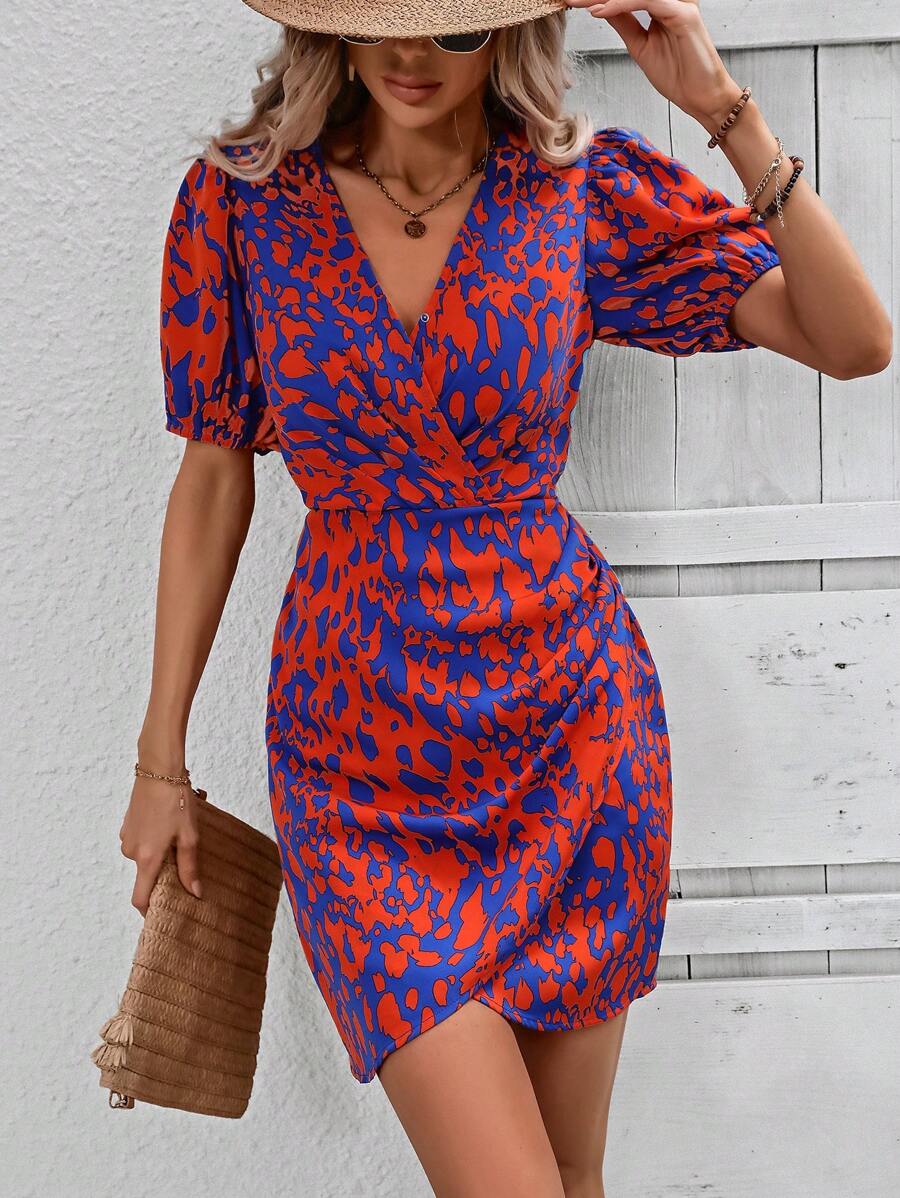 SHEIN LUNE Allover Print Puff Sleeve Tulip Hem Dress