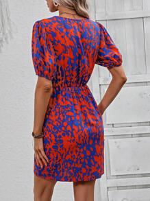 SHEIN LUNE Allover Print Puff Sleeve Tulip Hem Dress