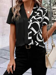 SHEIN Clasi Áo sơ mi nữ Lá thư Giải trí - màu đen - Xem 1