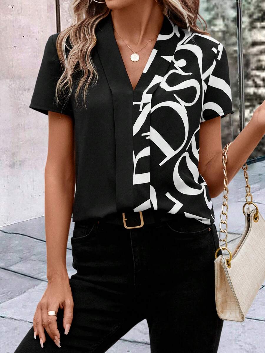 SHEIN Clasi Áo sơ mi nữ Lá thư Giải trí - màu đen - Xem 1