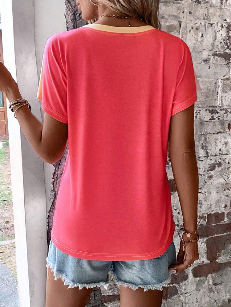 Ombre Button Detail Batwing Sleeve Tee