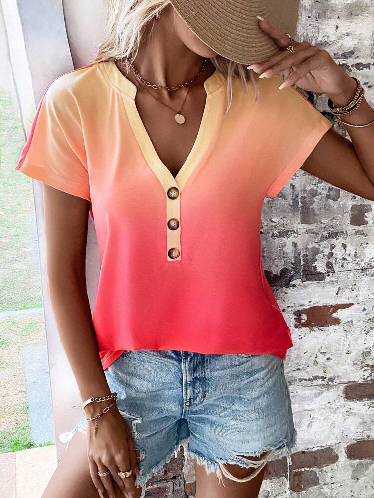 Ombre Button Detail Batwing Sleeve Tee