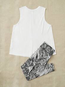 Plus Solid Tank Top & Graphic Print Leggings - Black and White - View 2