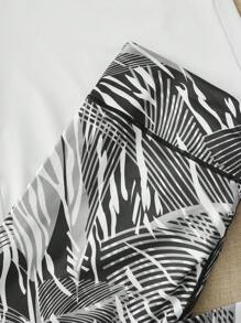 Plus Solid Tank Top & Graphic Print Leggings - Black and White - View 5