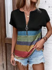 SHEIN LUNE 撞色半拉鏈蝙蝠袖T恤 - 黑色 - 查看 1