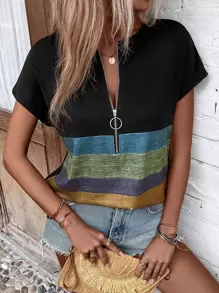 SHEIN LUNE 撞色半拉鏈蝙蝠袖T恤 - 黑色 - 查看 3