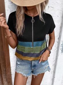 SHEIN LUNE 撞色半拉鏈蝙蝠袖T恤 - 黑色 - 查看 4