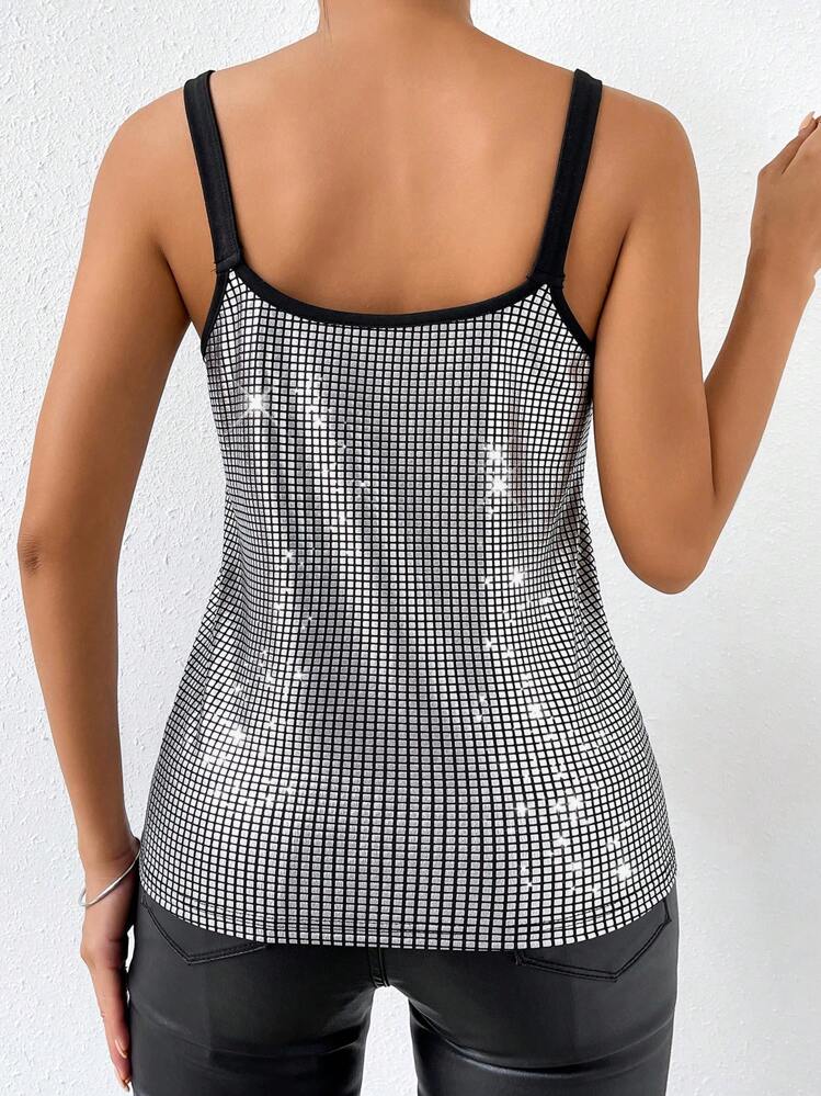 SHEIN LUNE Top de tirantes con diseño de cadena unido en contraste con lentejuelas - Plateado - Añade 2