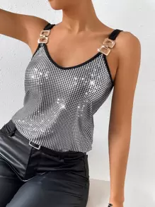 SHEIN LUNE 鏈條細節撞色滾邊亮片吊帶上衣 - 銀色 - 查看 3