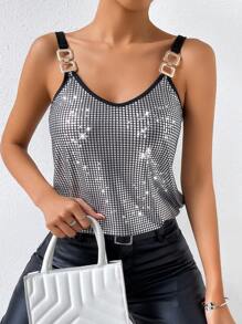 SHEIN LUNE 鏈條細節撞色滾邊亮片吊帶上衣 - 銀色 - 查看 5