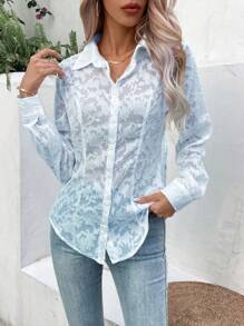 SHEIN Frenchy Camisa jacquard con botón delantero - Celeste - Ver 5