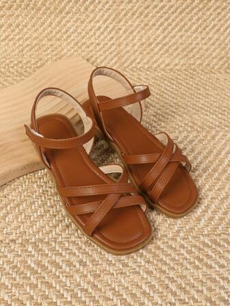 Girls Multi Strap Hook-and-loop Fastener Design Ankle Strap Sandals, Minimalist Outdoor Flat Sandals