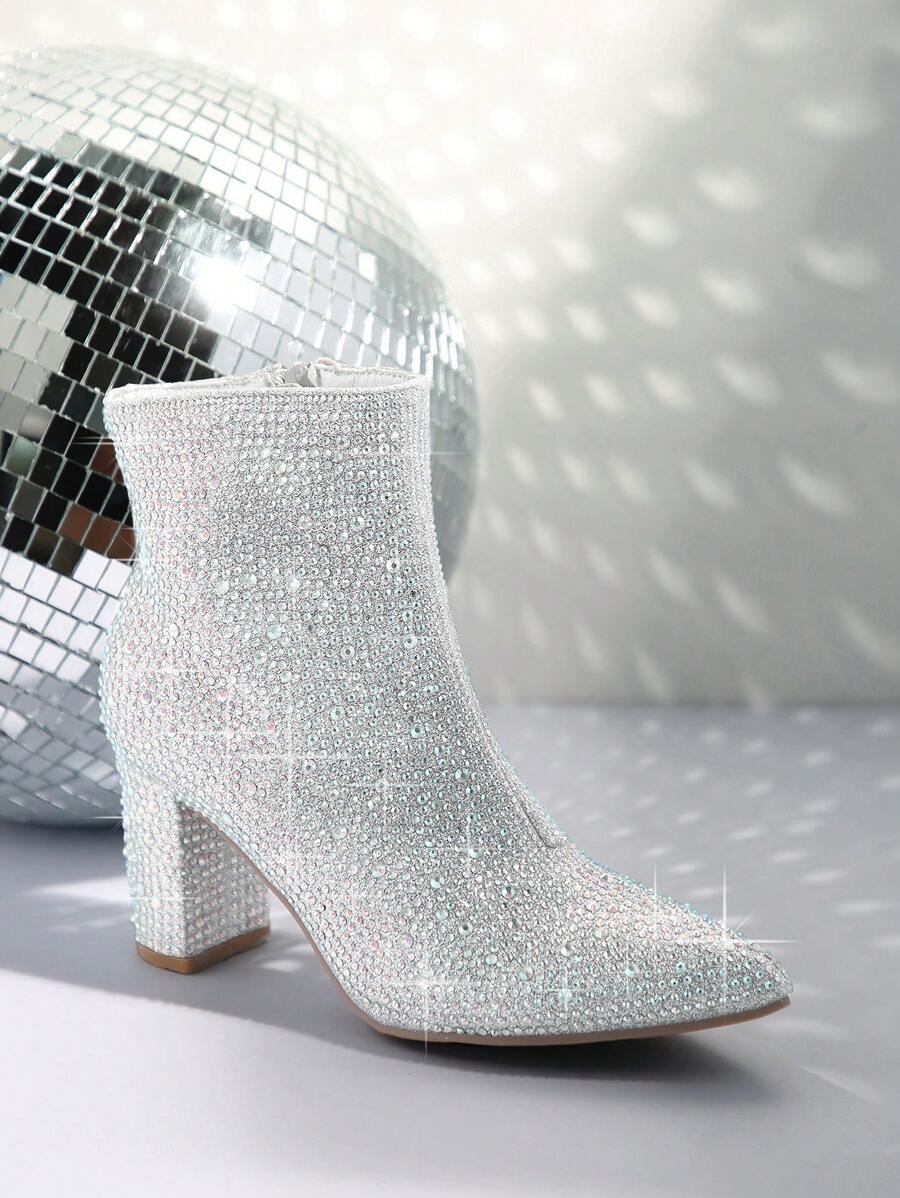 Giày bốt đế vuông mũi nhọn đính đá Rhinestone - Bạc - Xem 1