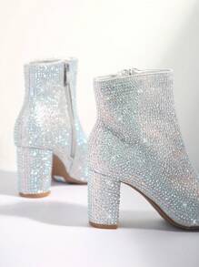 Giày bốt đế vuông mũi nhọn đính đá Rhinestone - Bạc - Xem 3