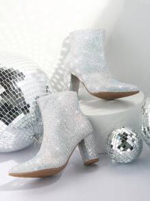 Giày bốt đế vuông mũi nhọn đính đá Rhinestone - Bạc - Xem 4