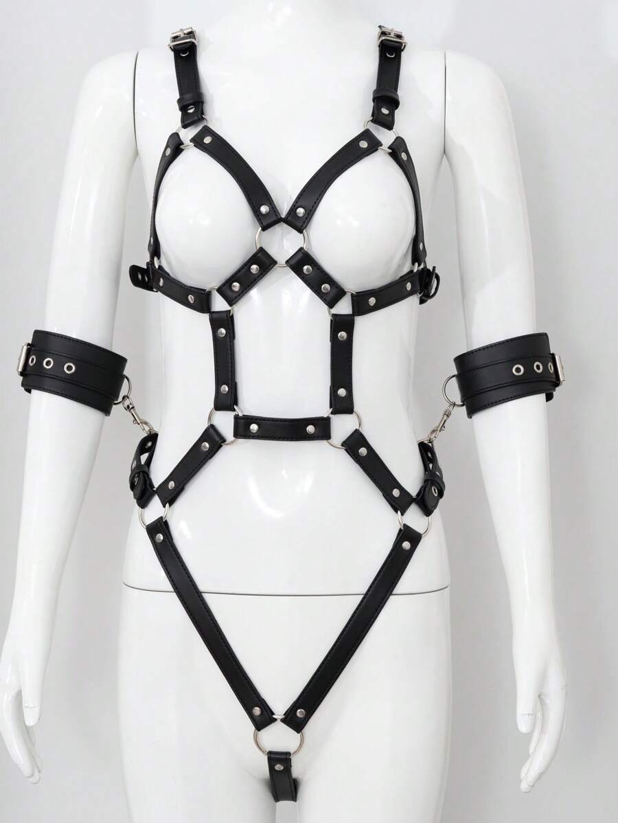 O-ring Linked Rivet Detail Harness Lingerie Set - Black - View 1