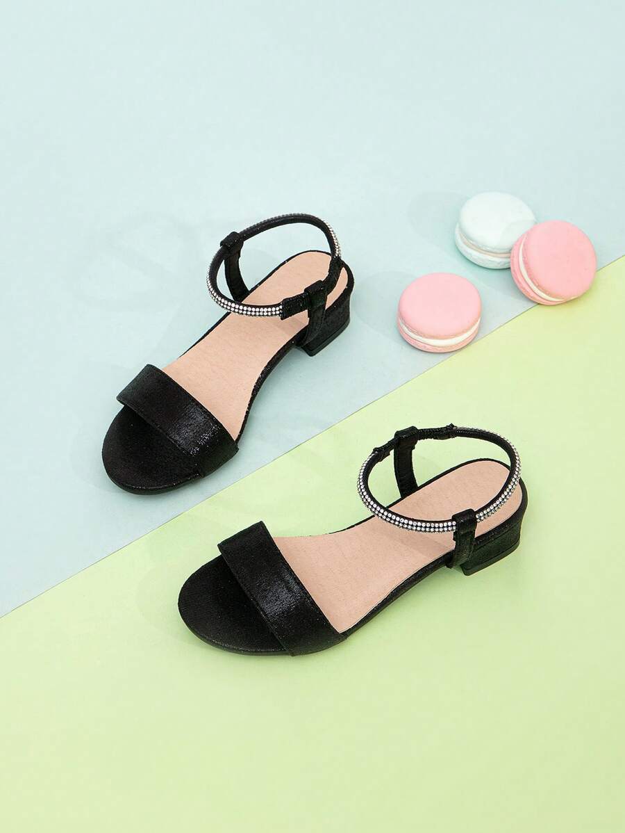Girls Rhinestone Decor Slingback Heeled Sandals, Party Outdoor Heeled Sandals - Black - View 1