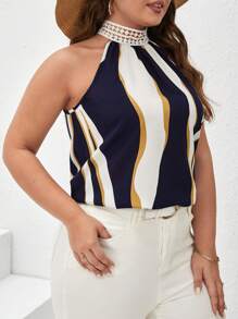 SHEIN Frenchy Plus Colorblock Contrast Lace Halter Neck Blouse - Multicolor - View 4