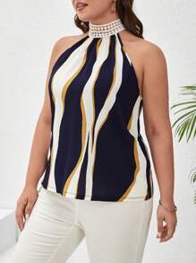 SHEIN Frenchy Plus Colorblock Contrast Lace Halter Neck Blouse - Multicolor - View 1