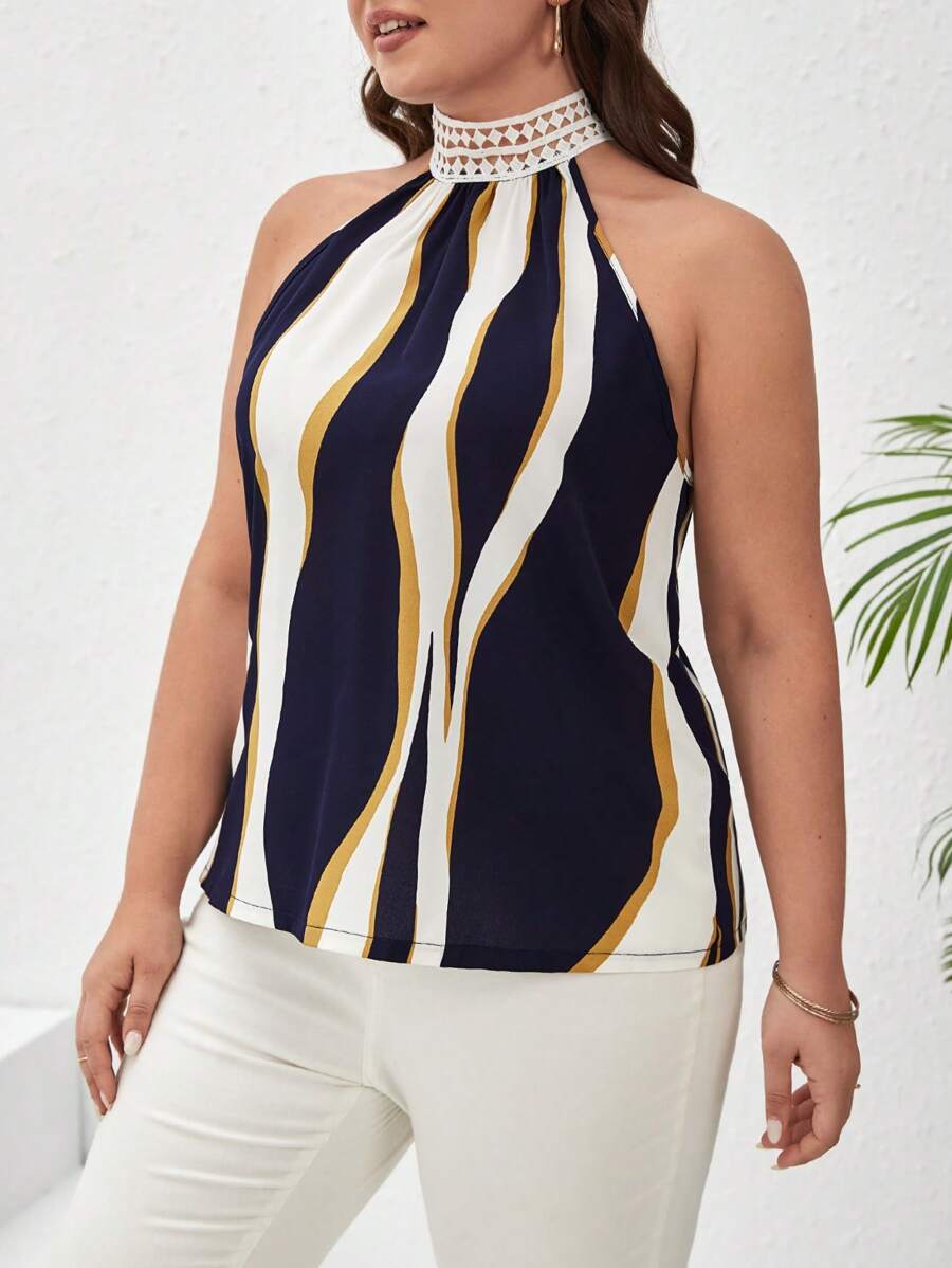 SHEIN Frenchy Plus Colorblock Contrast Lace Halter Neck Blouse - Multicolor - View 1