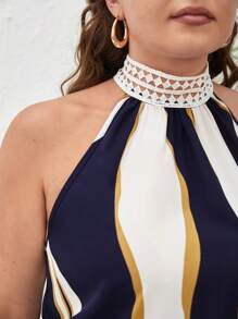 SHEIN Frenchy Plus Colorblock Contrast Lace Halter Neck Blouse - Multicolor - View 5