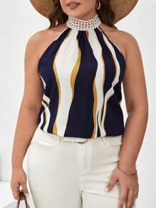 SHEIN Frenchy Plus Colorblock Contrast Lace Halter Neck Blouse - Multicolor - View 7