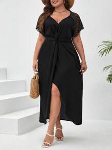 SHEIN Frenchy Đầm Plus Size Tương phản ren Trọn gói Buộc lại xoắn lại màu trơn Giải trí - màu đen - Xem 1