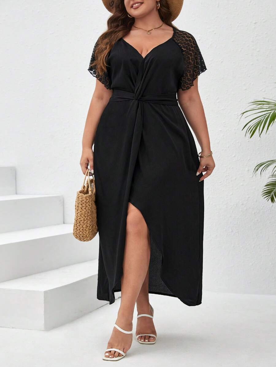 SHEIN Frenchy Đầm Plus Size Tương phản ren Trọn gói Buộc lại xoắn lại màu trơn Giải trí - màu đen - Xem 1