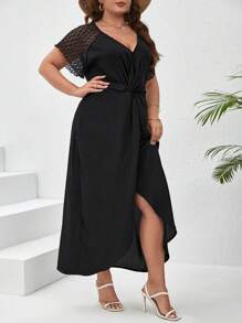 SHEIN Frenchy Đầm Plus Size Tương phản ren Trọn gói Buộc lại xoắn lại màu trơn Giải trí - màu đen - Xem 5