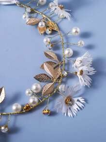 Dây buộc tóc cô dâu trang trí hoa & ngọc trai giả - Vàng - Xem 3