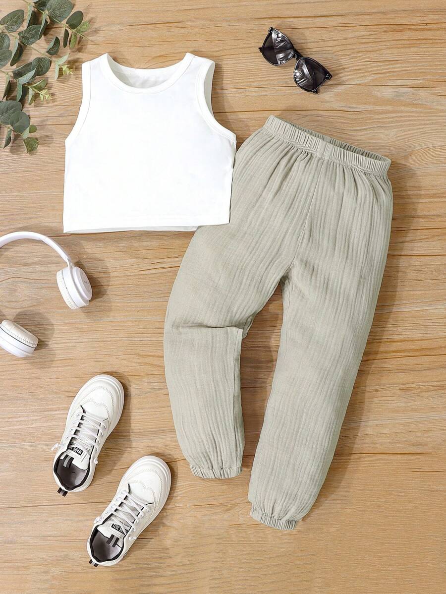 小男童素色背心上衣和褲子 - 彩色 - 查看 1