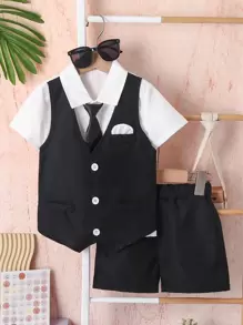 SHEIN 男小童前紐扣二合一襯衫和短褲不附帶系帶 - 黑與白 - 查看 1