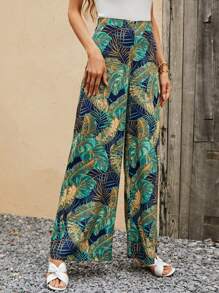 SHEIN VCAY 熱帶圖案闊腿褲 - 黑色 - 查看 5