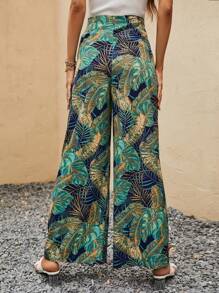 SHEIN VCAY 熱帶圖案闊腿褲 - 黑色 - 查看 2