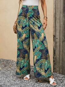 SHEIN VCAY 熱帶圖案闊腿褲 - 黑色 - 查看 1